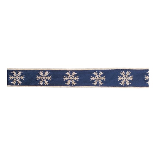 Melrose 1.5" x 5yd. Navy Blue Snowflake Wired Ribbons, 2ct.